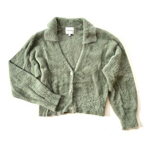 Pink Rose Sage Green Fuzzy Eyelash Collared Button Cardigan Sweater